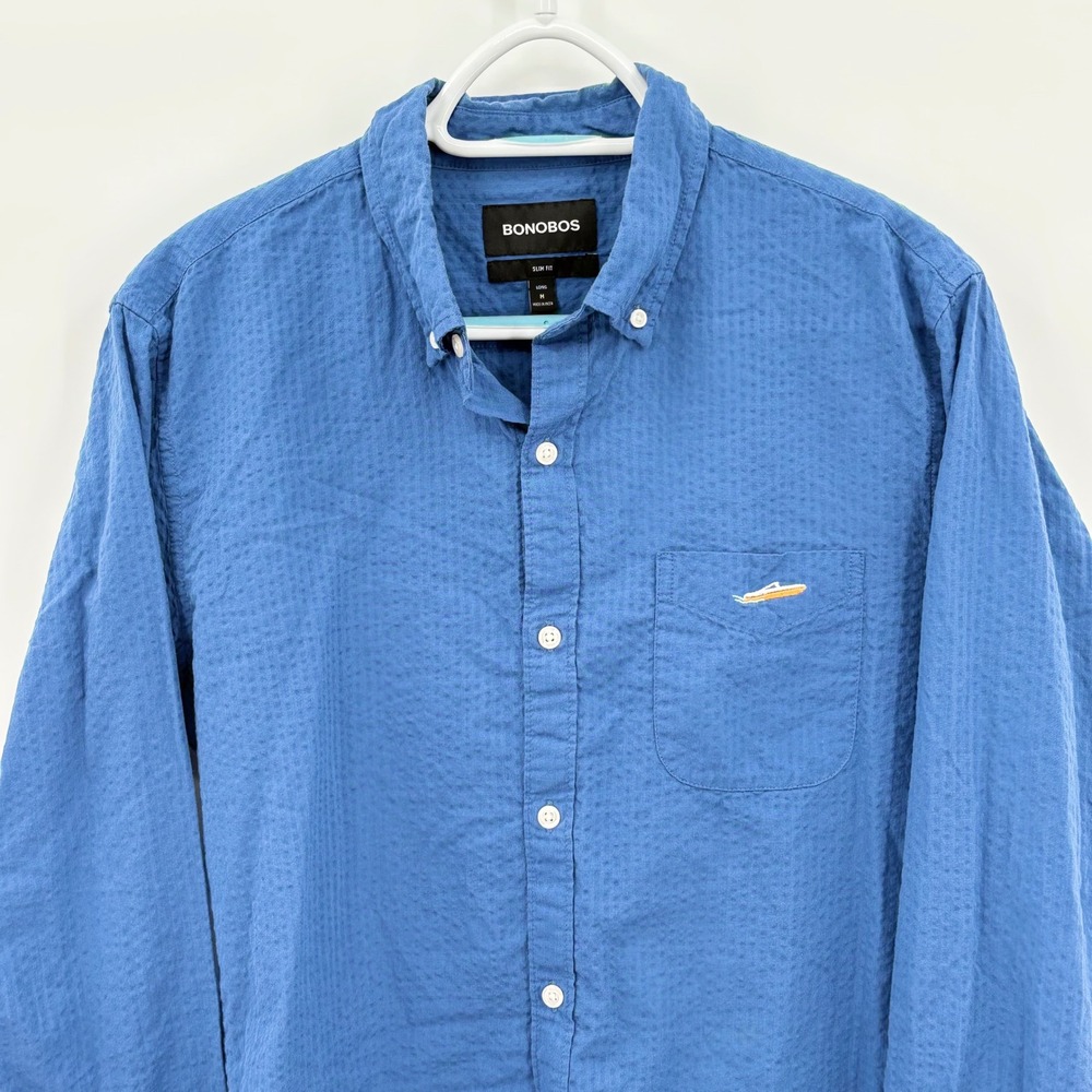 Bonobos Slim Fit Long Seersucker Shirt Mens Size Medium Blue Boat Embroidery
